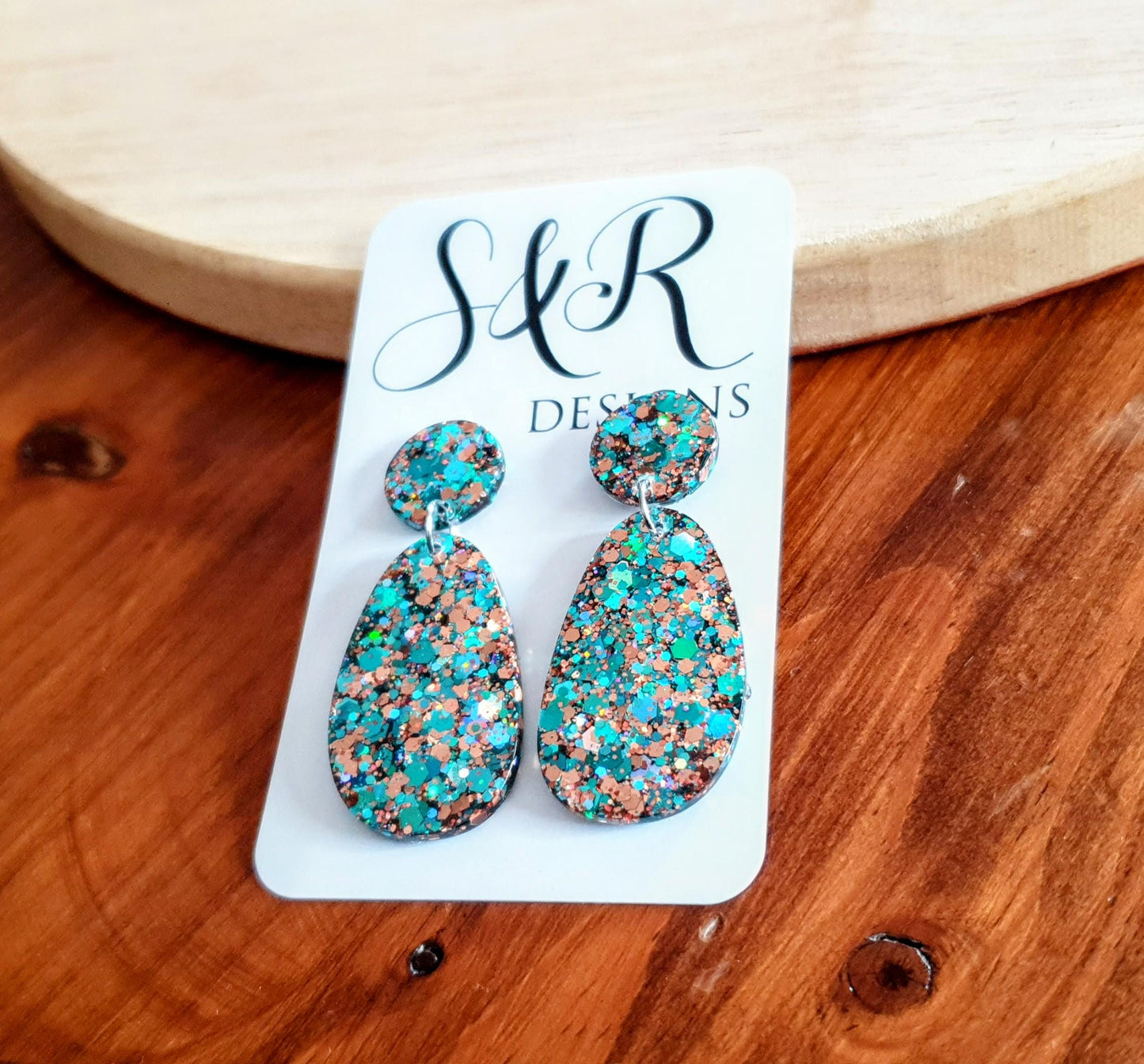 Teal Rosegold Glitter Drop Dangle Earrings, Oval Organic Shape Earrings, Resin Handmade, Stainless Steel. Gift for Her.