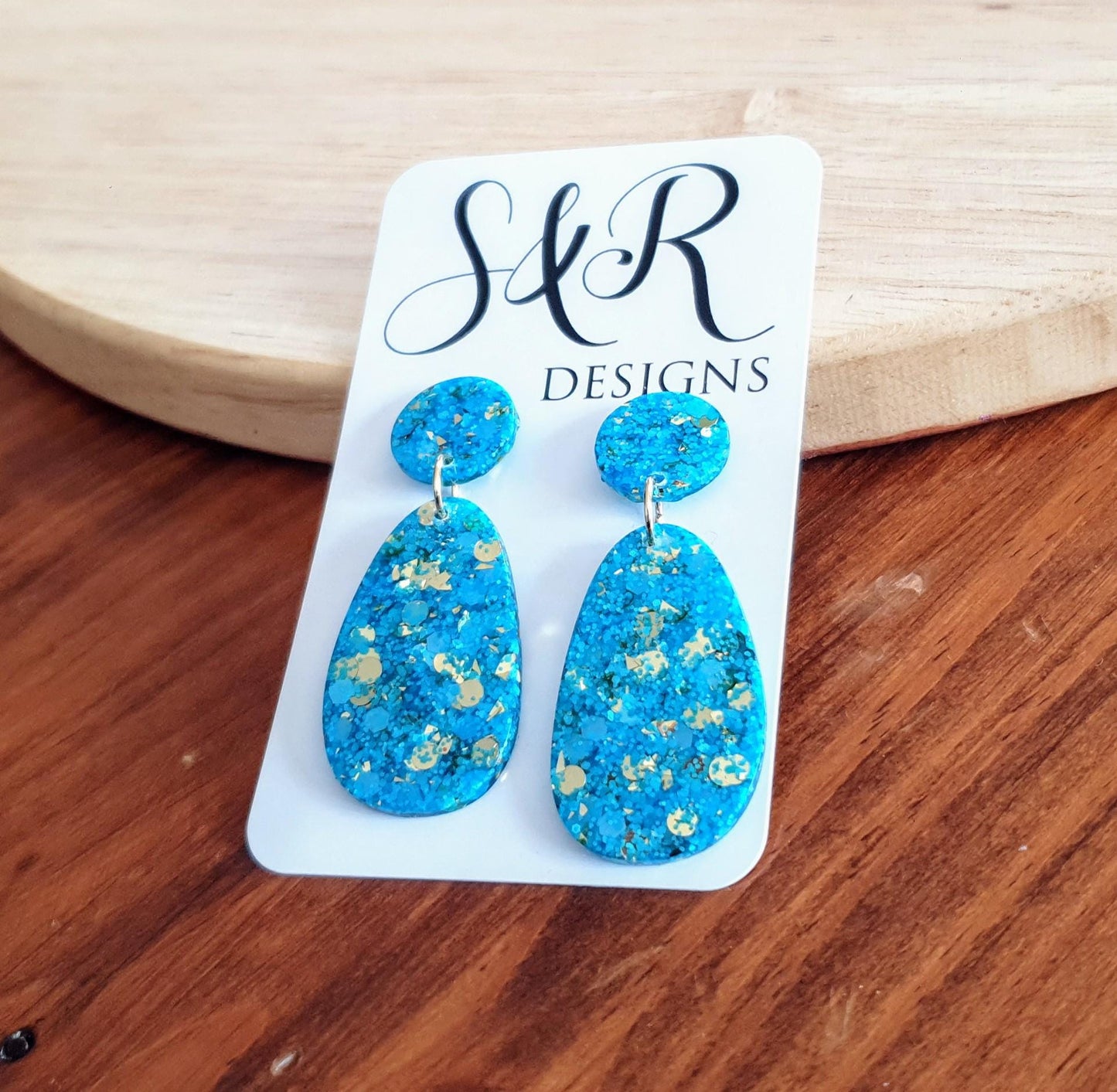 Blue Gold Mix Oval Organic Shape Drop Earrings, Light Blue and Gold Mix Glitter, Resin Handmade, Stainless Steel Hypoallergenic Earrings