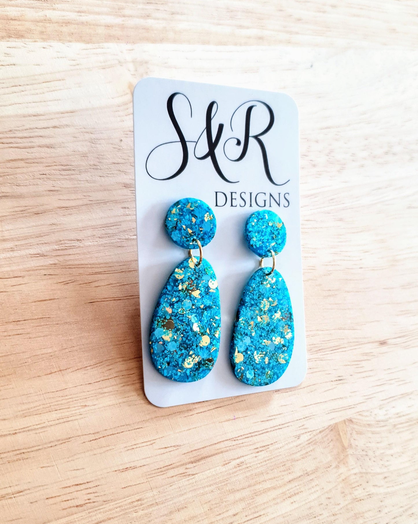 Blue Gold Mix Oval Organic Shape Drop Earrings, Light Blue and Gold Mix Glitter, Resin Handmade, Stainless Steel Hypoallergenic Earrings