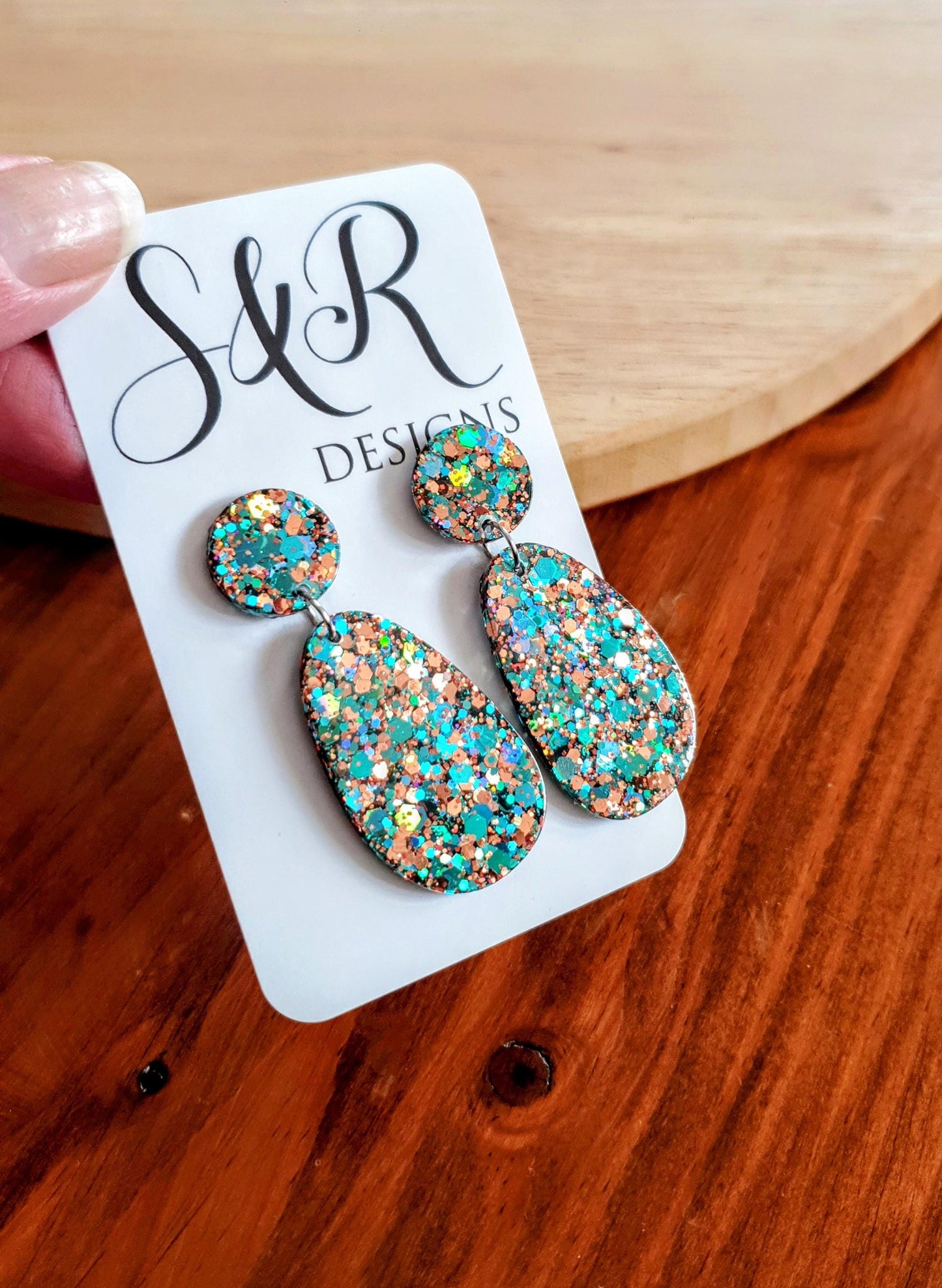 Teal Rosegold Glitter Drop Dangle Earrings, Oval Organic Shape Earrings, Resin Handmade, Stainless Steel. Gift for Her.