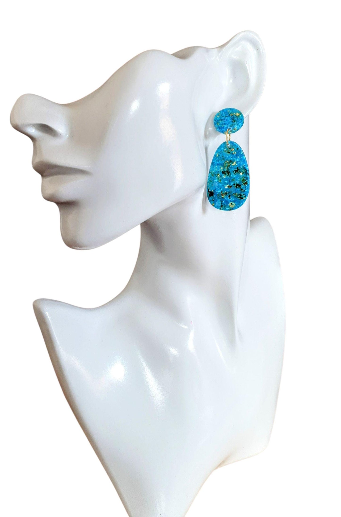 Blue Gold Mix Oval Organic Shape Drop Earrings, Light Blue and Gold Mix Glitter, Resin Handmade, Stainless Steel Hypoallergenic Earrings