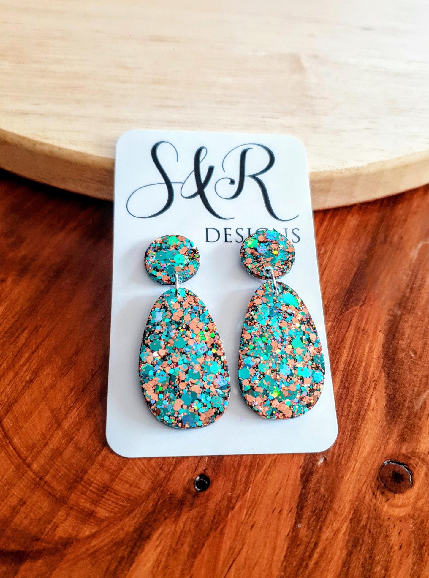 Teal Rosegold Glitter Drop Dangle Earrings, Oval Organic Shape Earrings, Resin Handmade, Stainless Steel. Gift for Her.