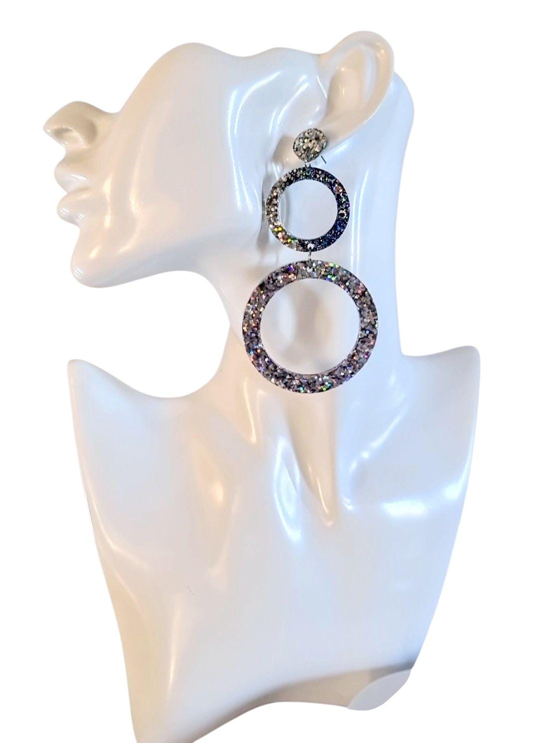 Oversized Circle Dangle Earrings, Silver Holographic and Purple Blue Mix Glitter Extra Long Hoop Dangle Statement Earrings