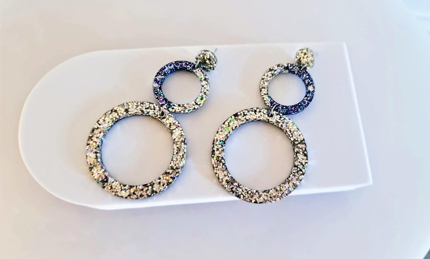 Oversized Circle Dangle Earrings, Silver Holographic and Purple Blue Mix Glitter Extra Long Hoop Dangle Statement Earrings