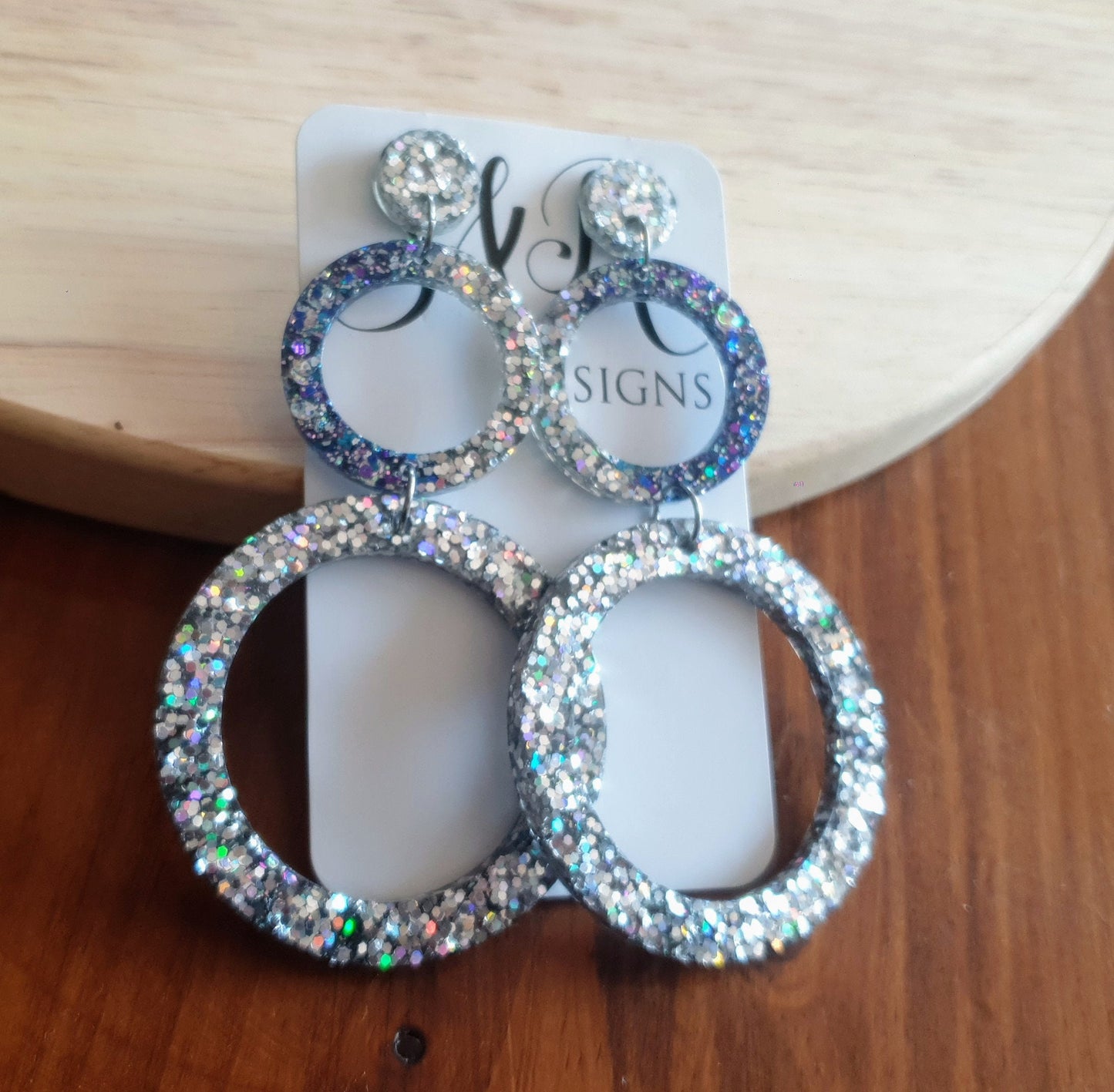 Oversized Circle Dangle Earrings, Silver Holographic and Purple Blue Mix Glitter Extra Long Hoop Dangle Statement Earrings