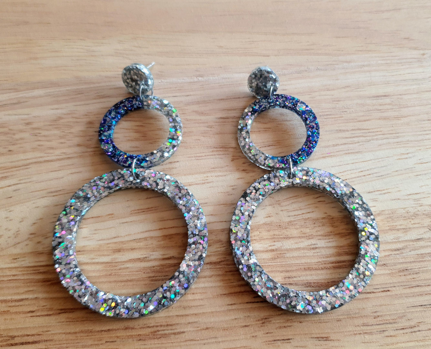 Oversized Circle Dangle Earrings, Silver Holographic and Purple Blue Mix Glitter Extra Long Hoop Dangle Statement Earrings