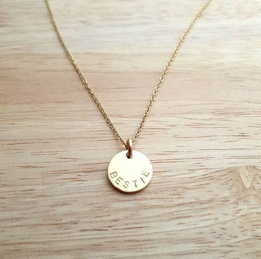 Custom Personalised Name Necklace, Hammered or Plain Circle Disc Personalized Gift, Hand Stamped, Choose colour. 15mm Disc