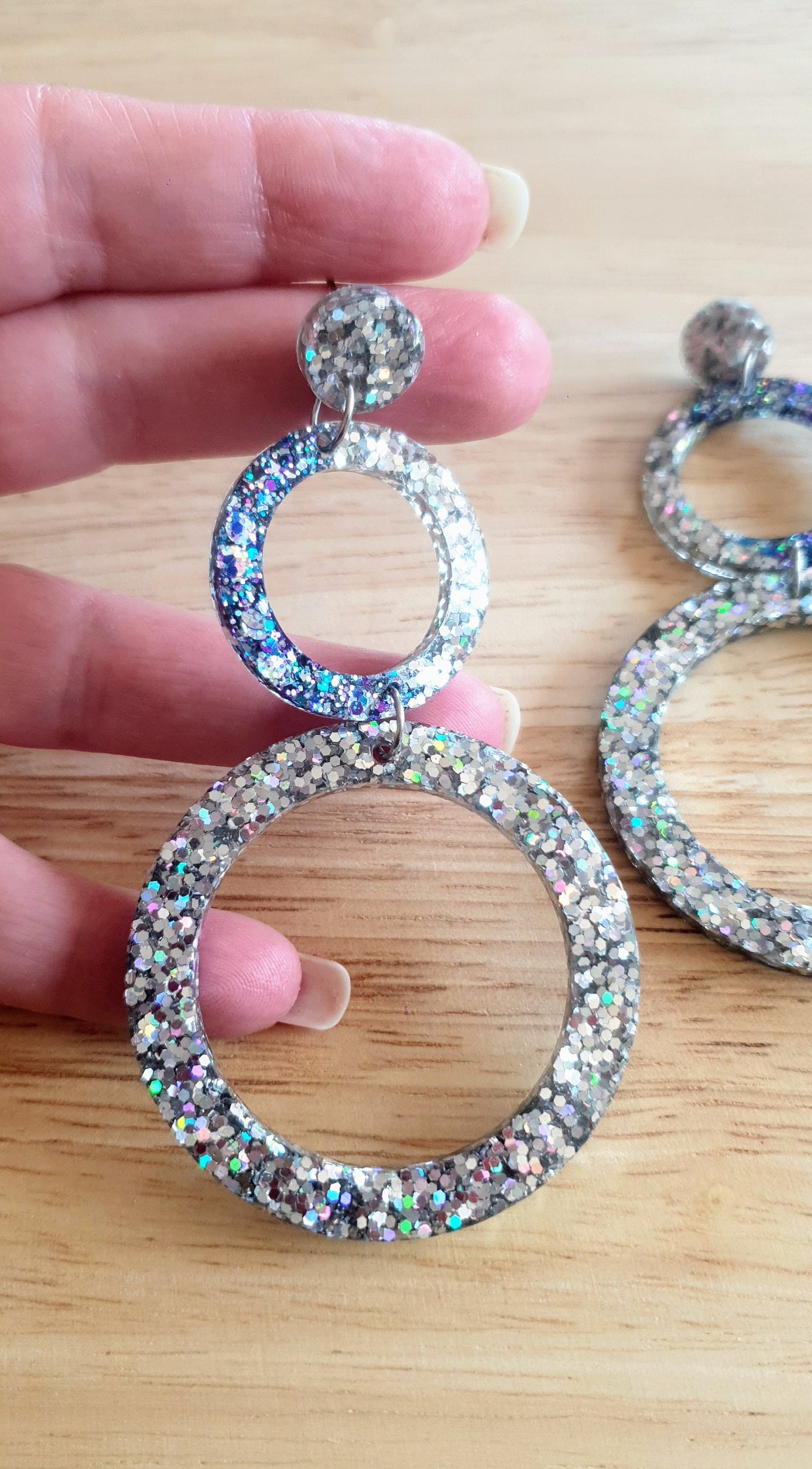 Oversized Circle Dangle Earrings, Silver Holographic and Purple Blue Mix Glitter Extra Long Hoop Dangle Statement Earrings
