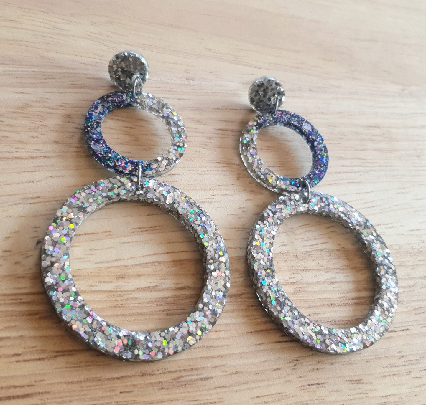 Oversized Circle Dangle Earrings, Silver Holographic and Purple Blue Mix Glitter Extra Long Hoop Dangle Statement Earrings