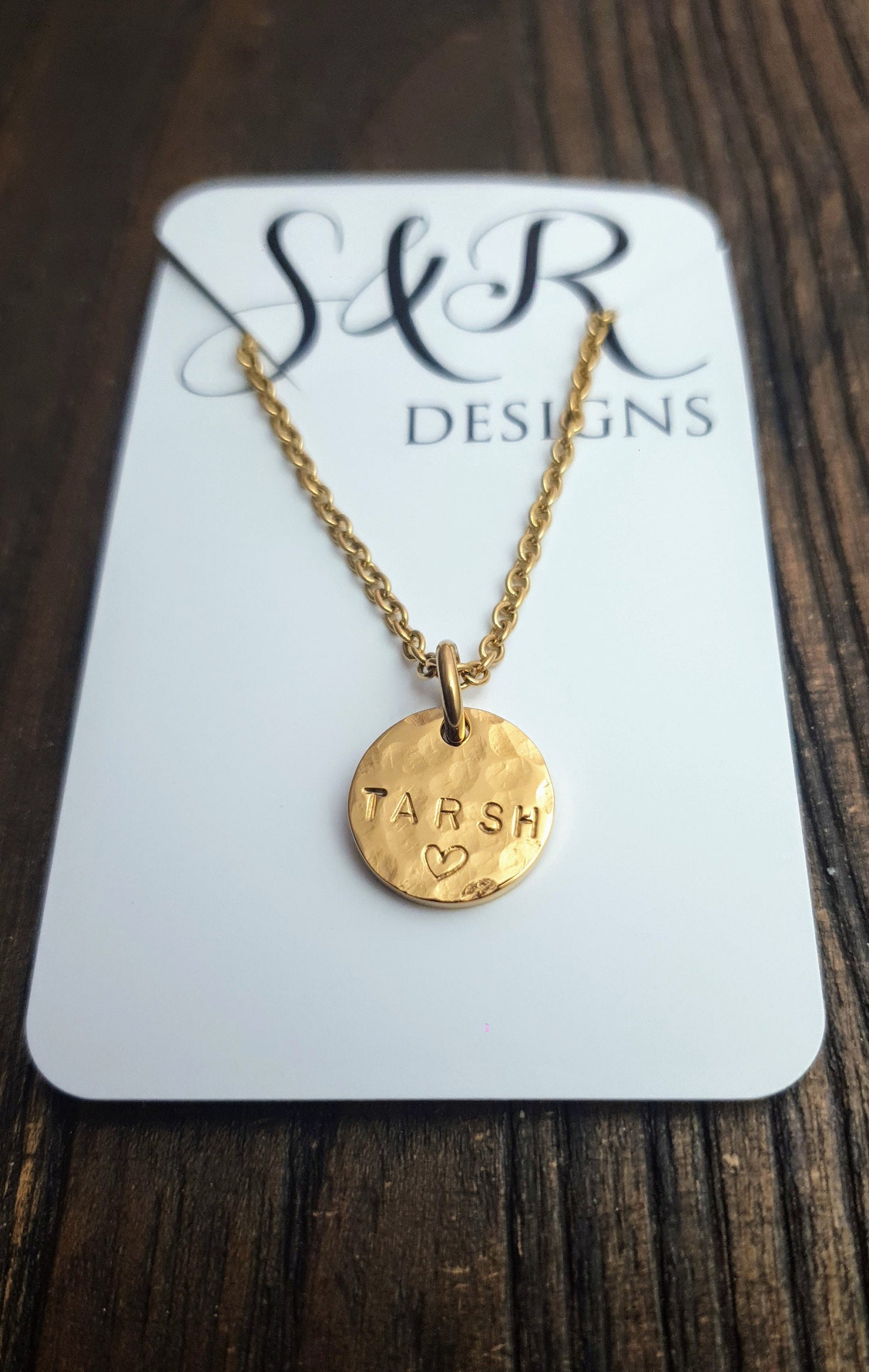 Custom Personalised Name Necklace, Hammered or Plain Circle Disc Personalized Gift, Hand Stamped, Choose colour. 15mm Disc