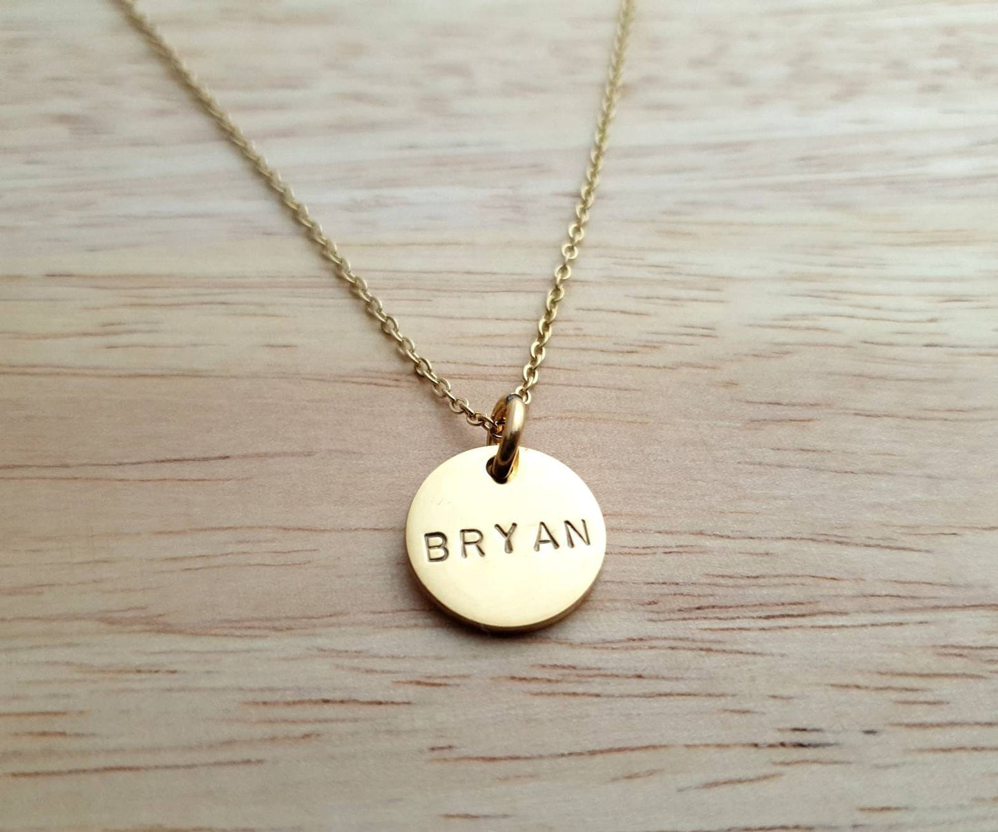 Custom Personalised Name Necklace, Hammered or Plain Circle Disc Personalized Gift, Hand Stamped, Choose colour. 15mm Disc