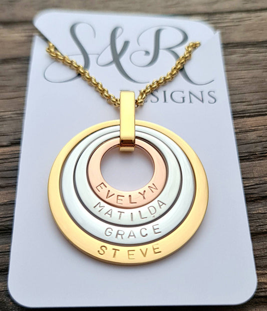 Personalised Offset Circle Name Necklace, Hand Stamped Necklace add names or words, Stainless Steel, Choose Colour and how many Links