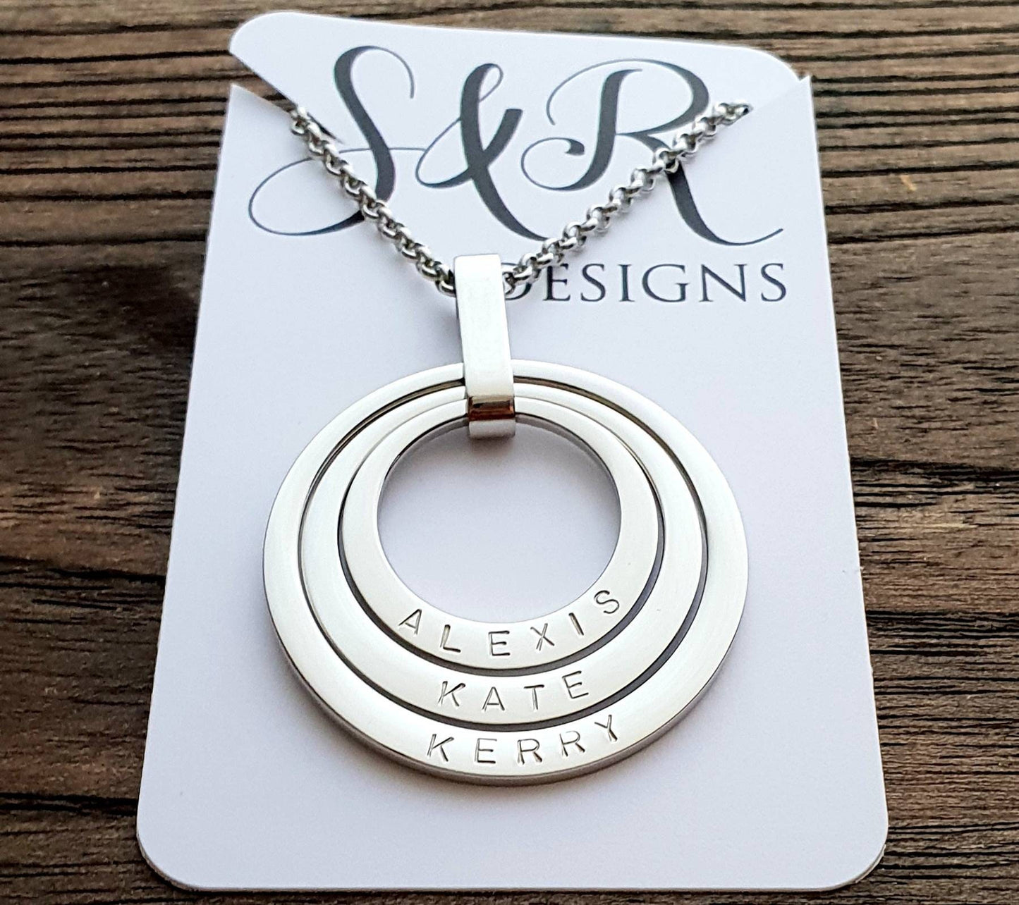 Personalised Offset Circle Name Necklace, Hand Stamped Necklace add names or words, Stainless Steel, Choose Colour and how many Links