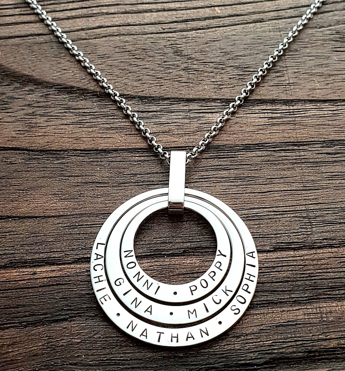 Personalised Offset Circle Name Necklace, Hand Stamped Necklace add names or words, Stainless Steel, Choose Colour and how many Links