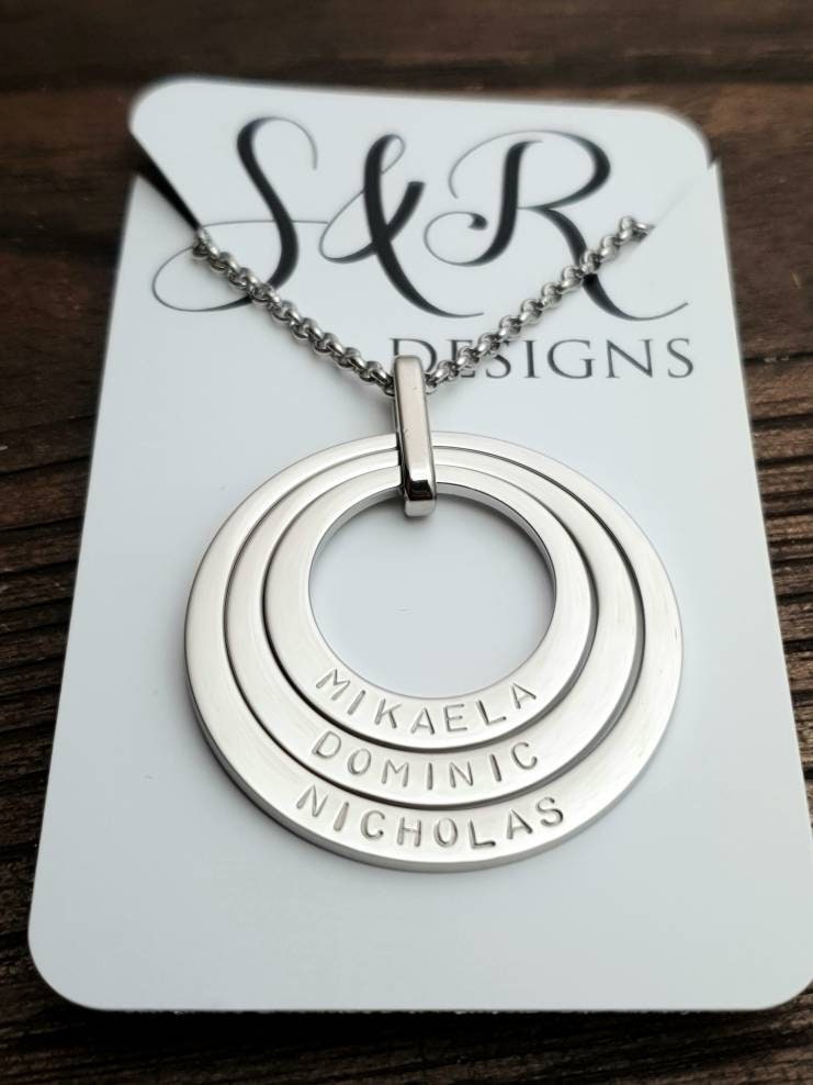 Personalised Offset Circle Name Necklace, Hand Stamped Necklace add names or words, Stainless Steel, Choose Colour and how many Links