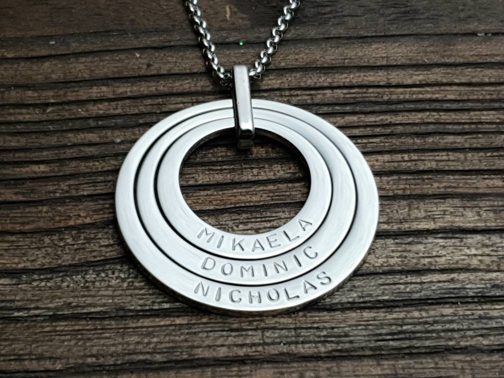 Personalised Offset Circle Name Necklace, Hand Stamped Necklace add names or words, Stainless Steel, Choose Colour and how many Links