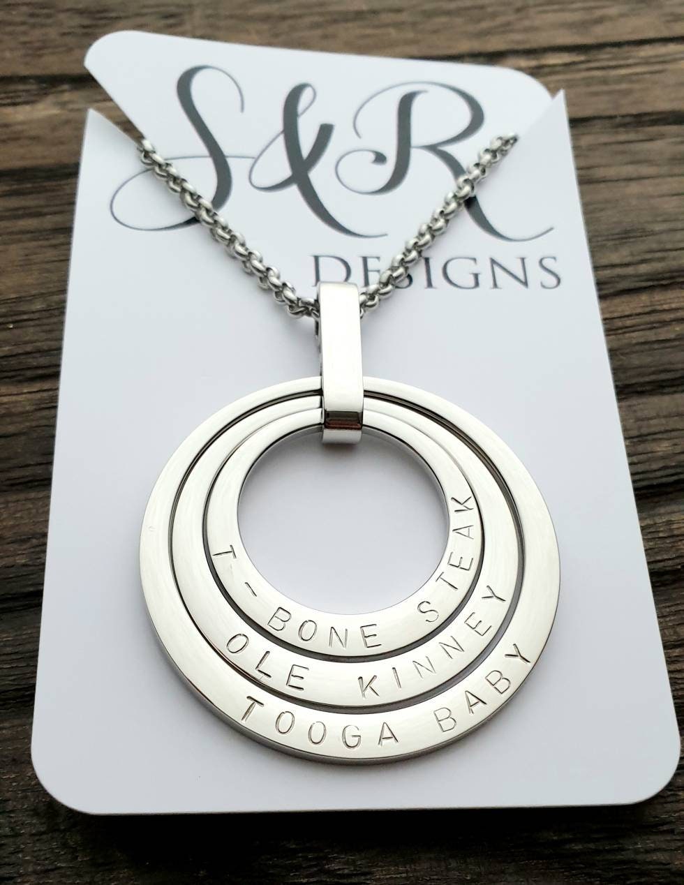 Personalised Offset Circle Name Necklace, Hand Stamped Necklace add names or words, Stainless Steel, Choose Colour and how many Links