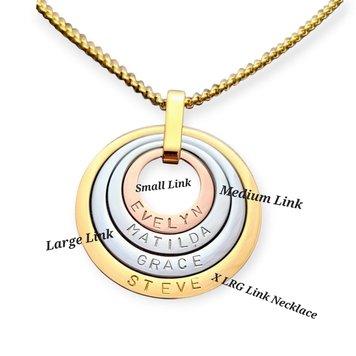 Personalised Offset Circle Name Necklace, Hand Stamped Necklace add names or words, Stainless Steel, Choose Colour and how many Links