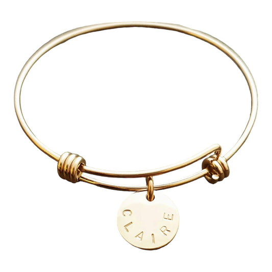 Personalised Circle Charm Bangle, Adjustable Gold or Silver Bangle Stainless Steel