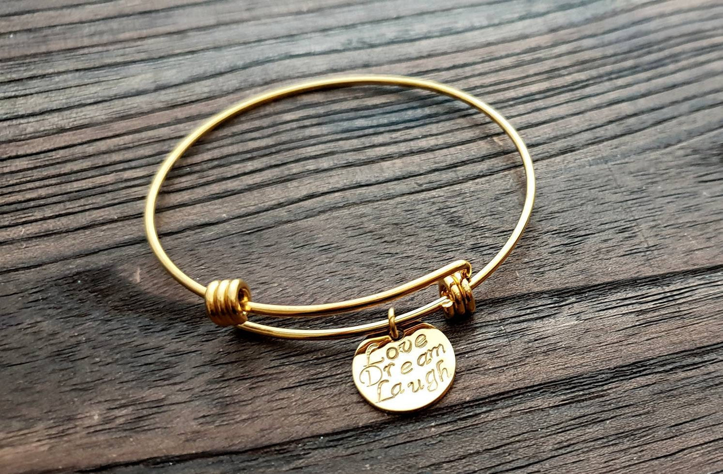Personalised Circle Charm Bangle, Adjustable Gold or Silver Bangle Stainless Steel