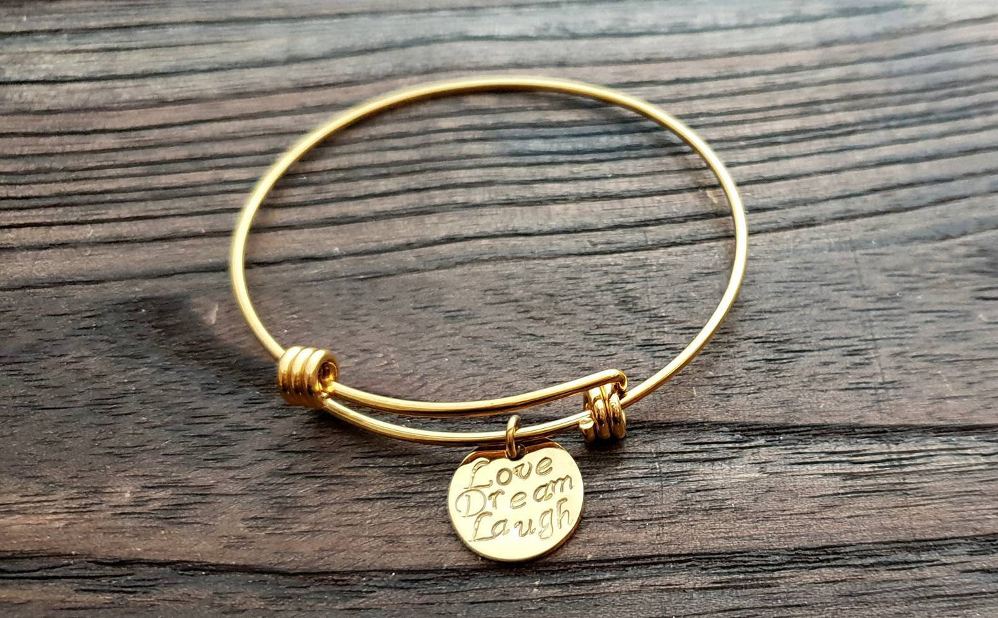 Personalised Circle Charm Bangle, Adjustable Gold or Silver Bangle Stainless Steel