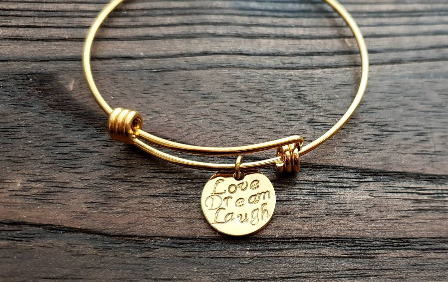 Personalised Circle Charm Bangle, Adjustable Gold or Silver Bangle Stainless Steel
