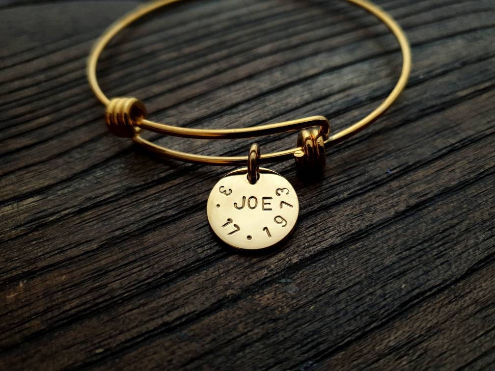 Personalised Circle Charm Bangle, Adjustable Gold or Silver Bangle Stainless Steel