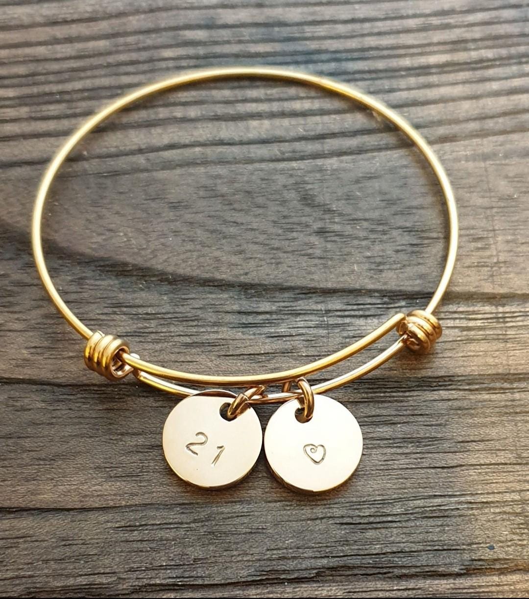 Personalised Circle Charm Bangle, Adjustable Gold or Silver Bangle Stainless Steel