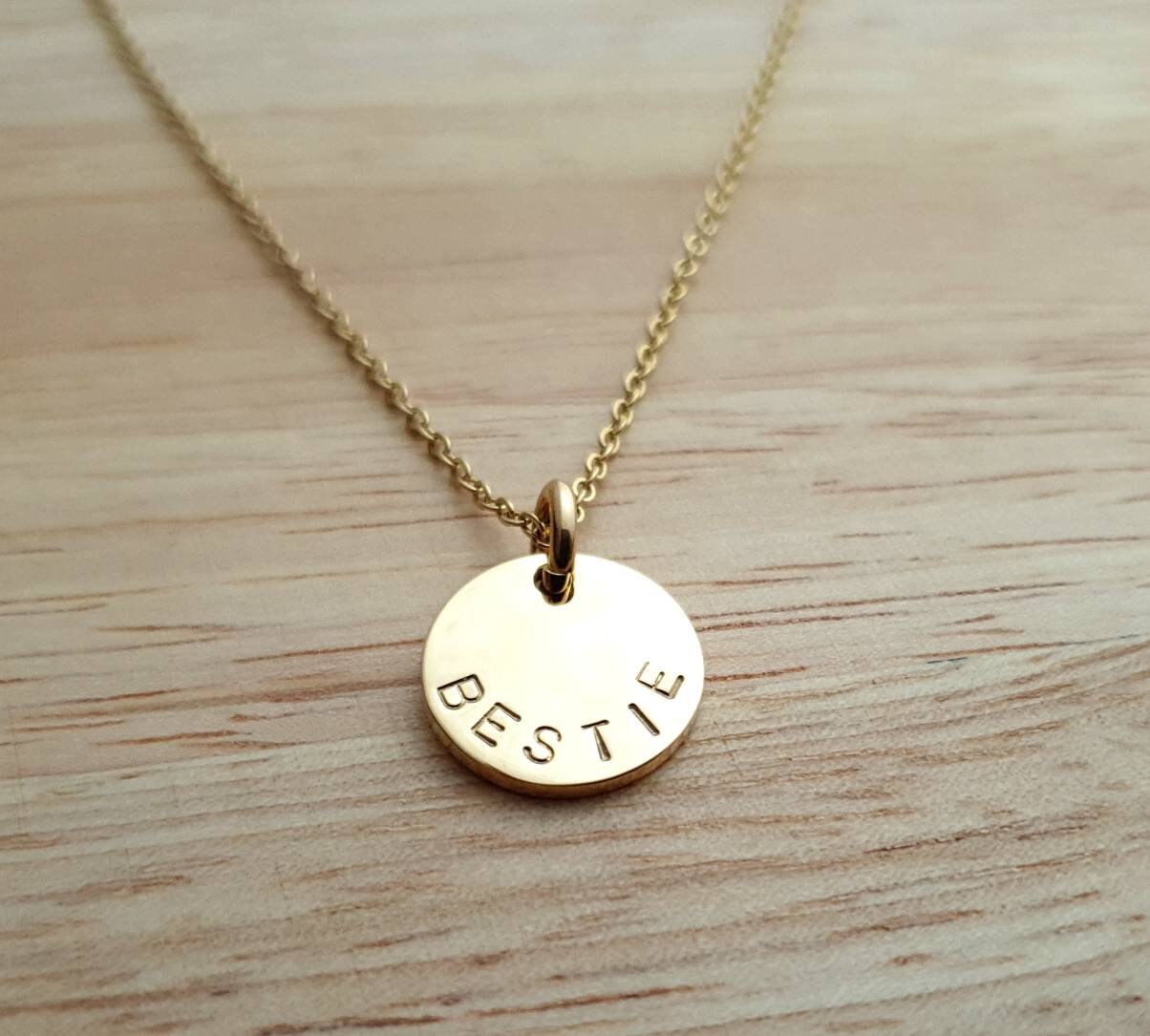 Custom Personalised Hammered Name Necklace, Hammered or Plain Circle Disc Personalized Gift, Hand Stamped, Choose colour. 15mm Shiny Disc
