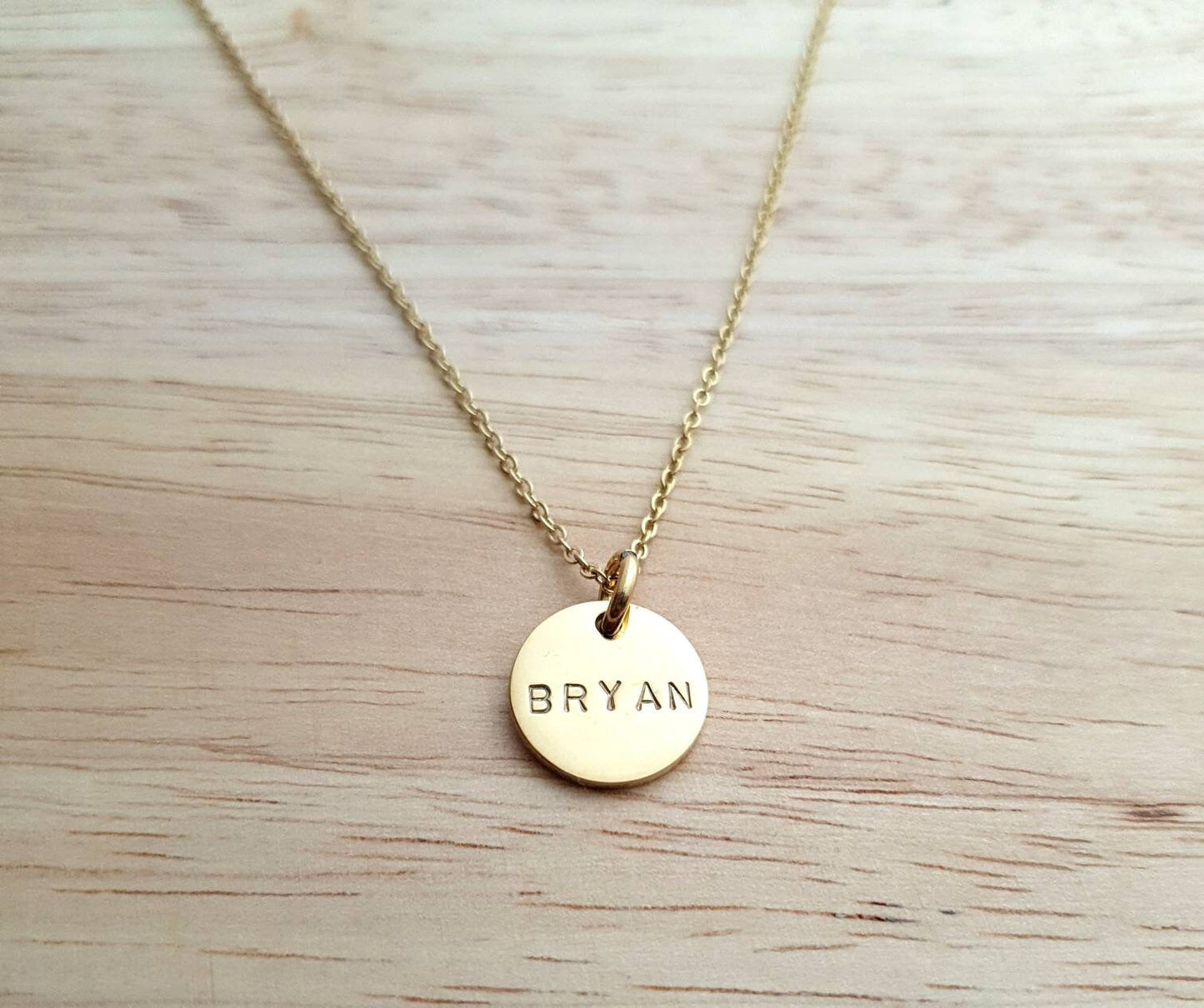 Custom Personalised Hammered Name Necklace, Hammered or Plain Circle Disc Personalized Gift, Hand Stamped, Choose colour. 15mm Shiny Disc
