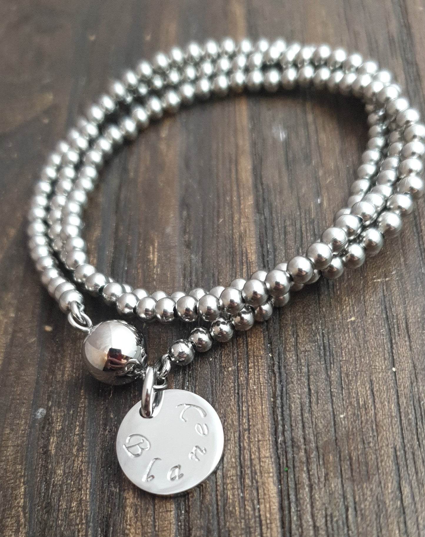 Custom Hand Stamped Wrap Around Bracelet, Stainless Steel Triple wrap ball bracelet with personalized charms. Choose colour.