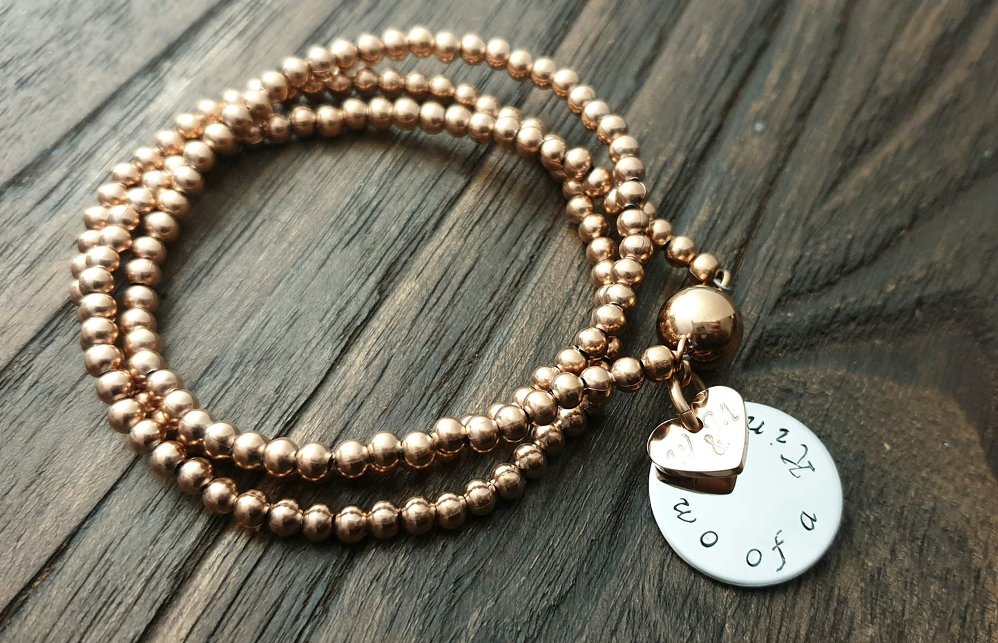 Custom Hand Stamped Wrap Around Bracelet, Stainless Steel Triple wrap ball bracelet with personalized charms. Choose colour.