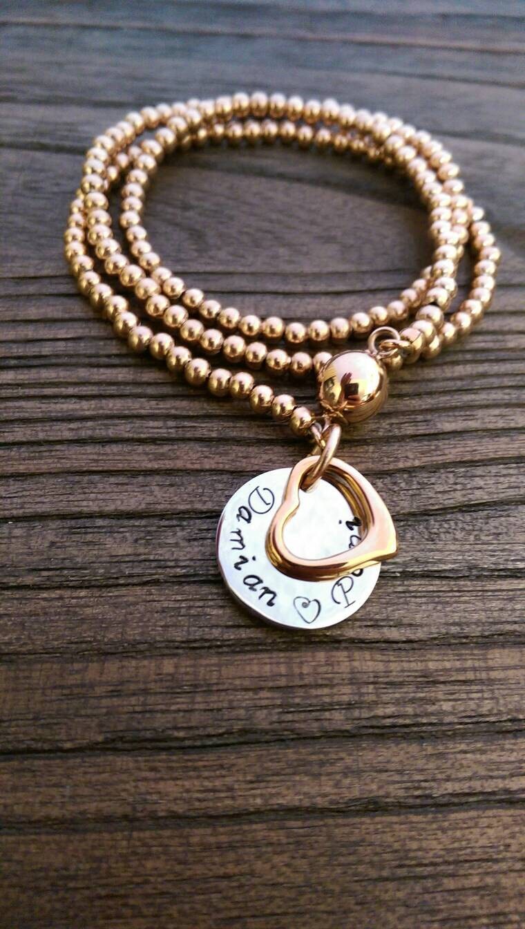 Custom Hand Stamped Wrap Around Bracelet, Stainless Steel Triple wrap ball bracelet with personalized charms. Choose colour.
