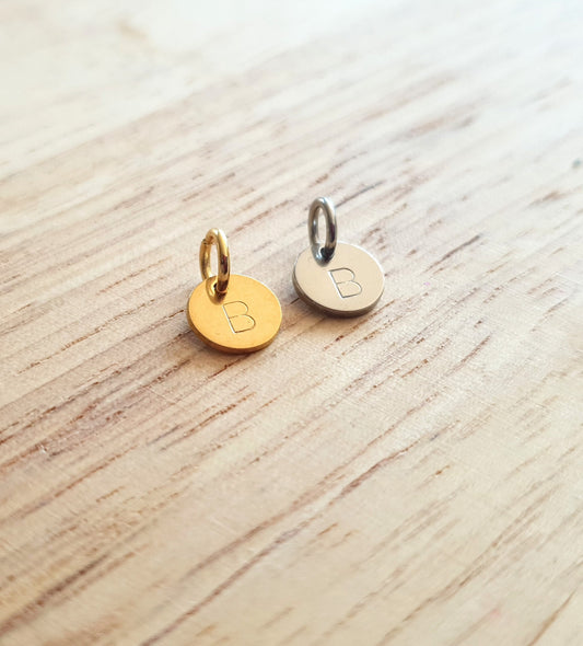 Personalised 8mm Disc Charm, Circle Disc Coin Style with Jump Ring Only in Gold or Silver Stainless Steel. Add to Bracelet or Chain