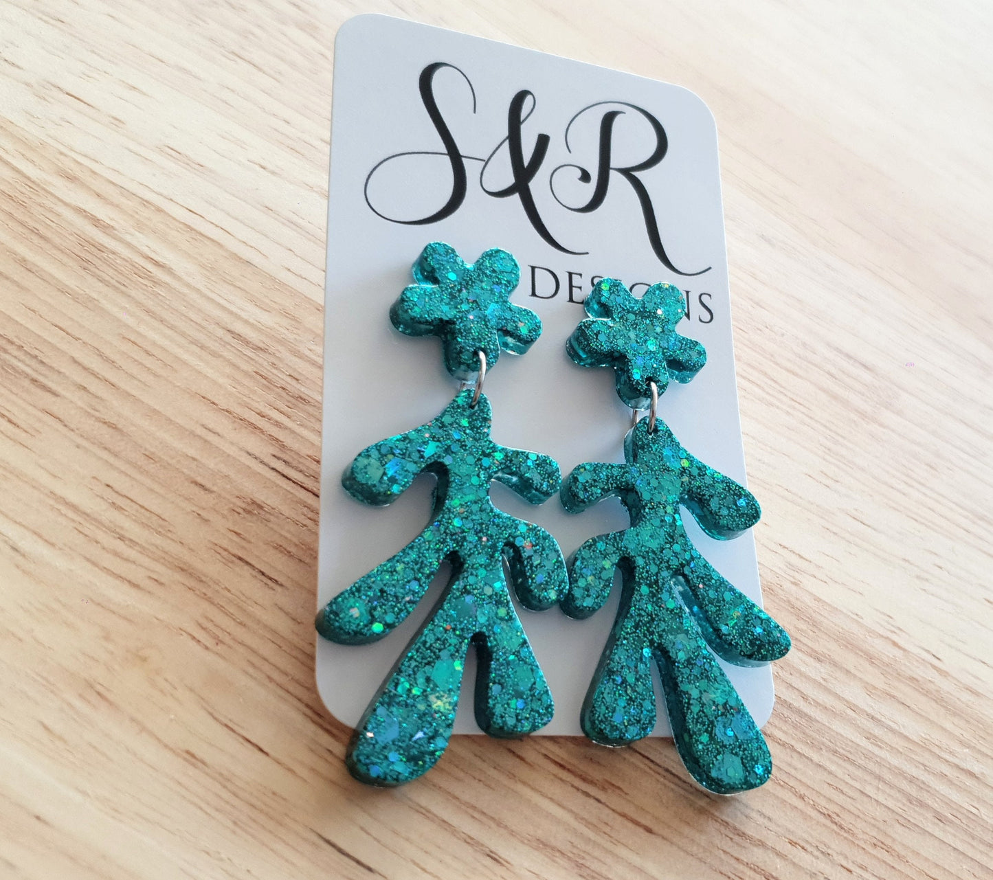 Turquoise Flower Leaves Dangle Drop Earrings, Turquoise Holographic Glitter Resin Dangles, Statement Earrings Stainless Steel