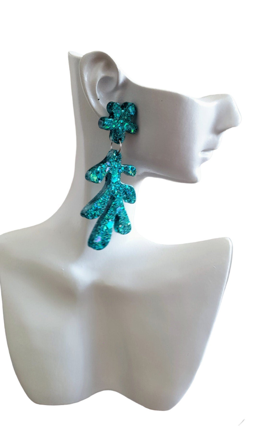 Turquoise Flower Leaves Dangle Drop Earrings, Turquoise Holographic Glitter Resin Dangles, Statement Earrings Stainless Steel
