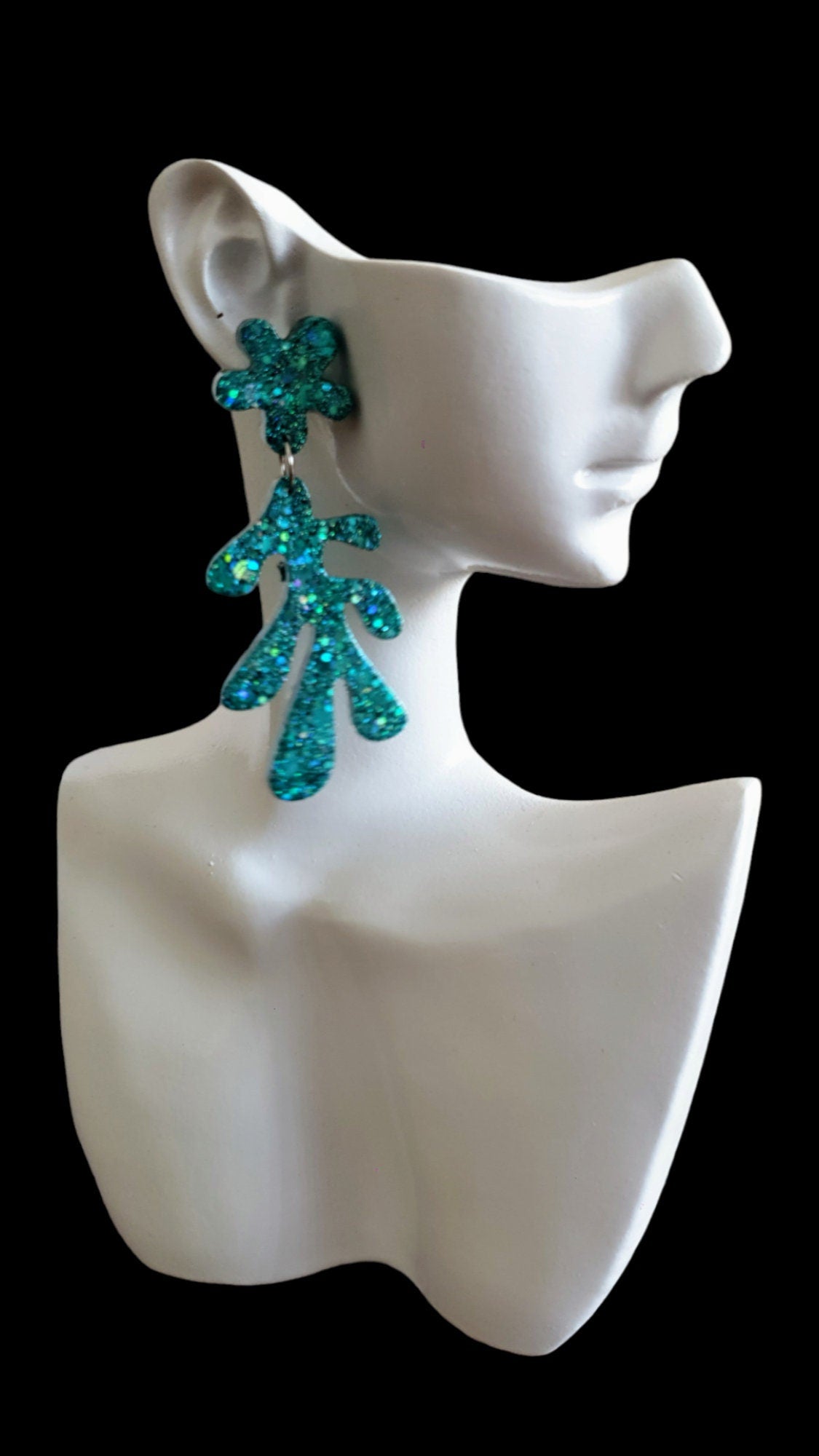 Turquoise Flower Leaves Dangle Drop Earrings, Turquoise Holographic Glitter Resin Dangles, Statement Earrings Stainless Steel