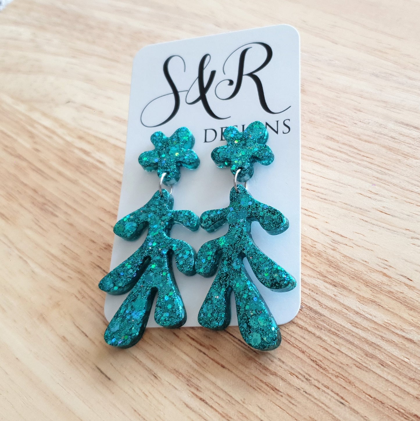 Turquoise Flower Leaves Dangle Drop Earrings, Turquoise Holographic Glitter Resin Dangles, Statement Earrings Stainless Steel