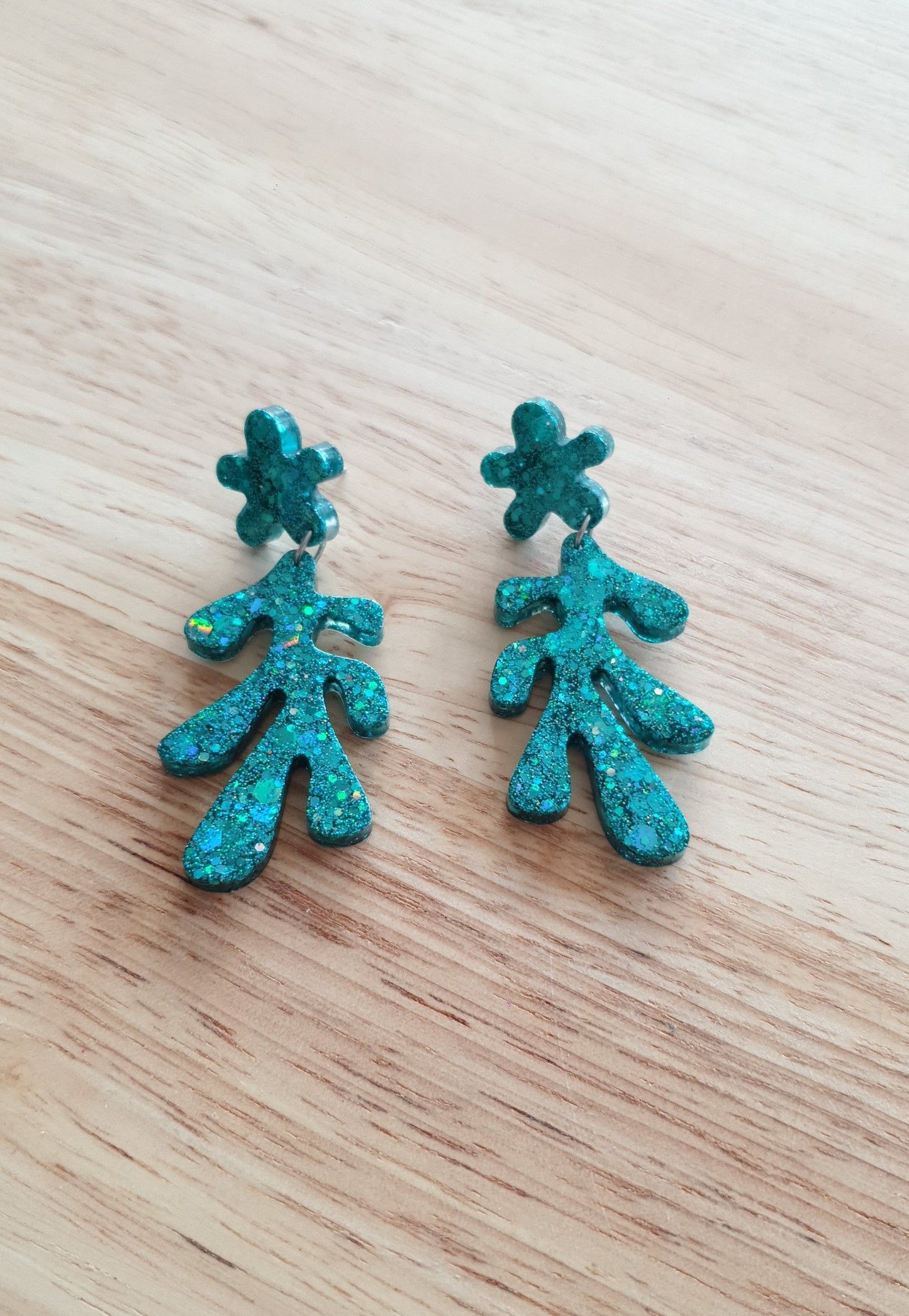 Turquoise Flower Leaves Dangle Drop Earrings, Turquoise Holographic Glitter Resin Dangles, Statement Earrings Stainless Steel