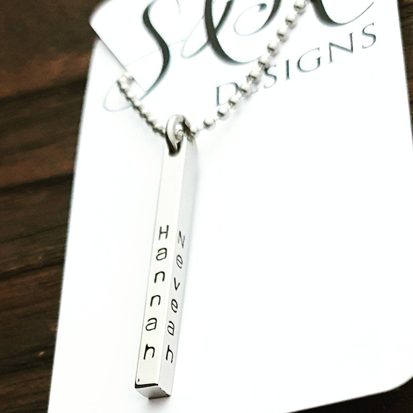 Personalised Bar Necklace, Name Hand Stamped Necklace Bar, Stainless Steel, 4 Sided Bar Pendant Necklace. Gift for Him or Her