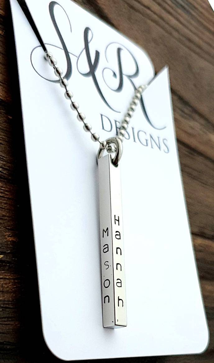Personalised Bar Necklace, Name Hand Stamped Necklace Bar, Stainless Steel, 4 Sided Bar Pendant Necklace. Gift for Him or Her