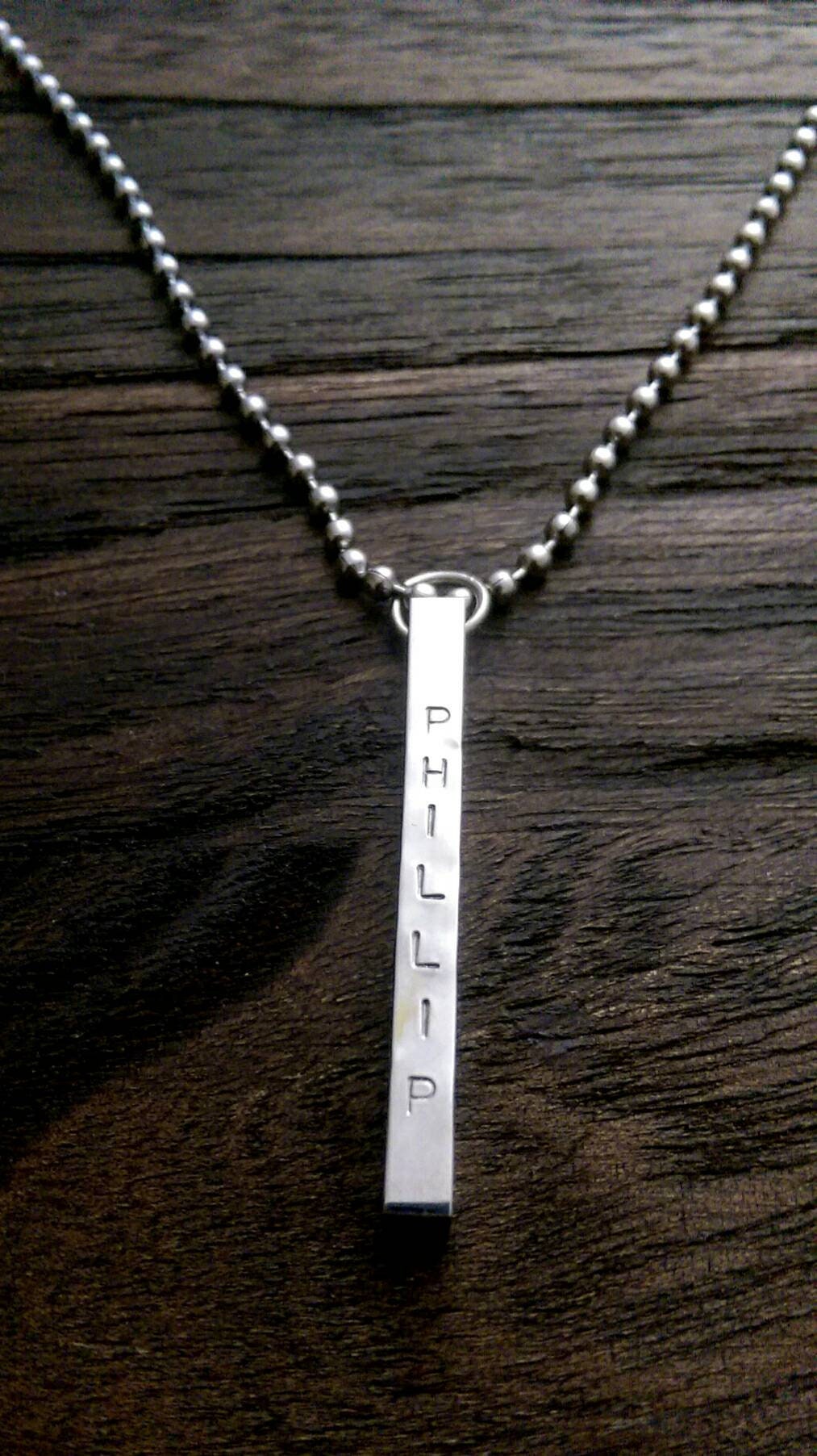 Personalised Bar Necklace, Name Hand Stamped Necklace Bar, Stainless Steel, 4 Sided Bar Pendant Necklace. Gift for Him or Her