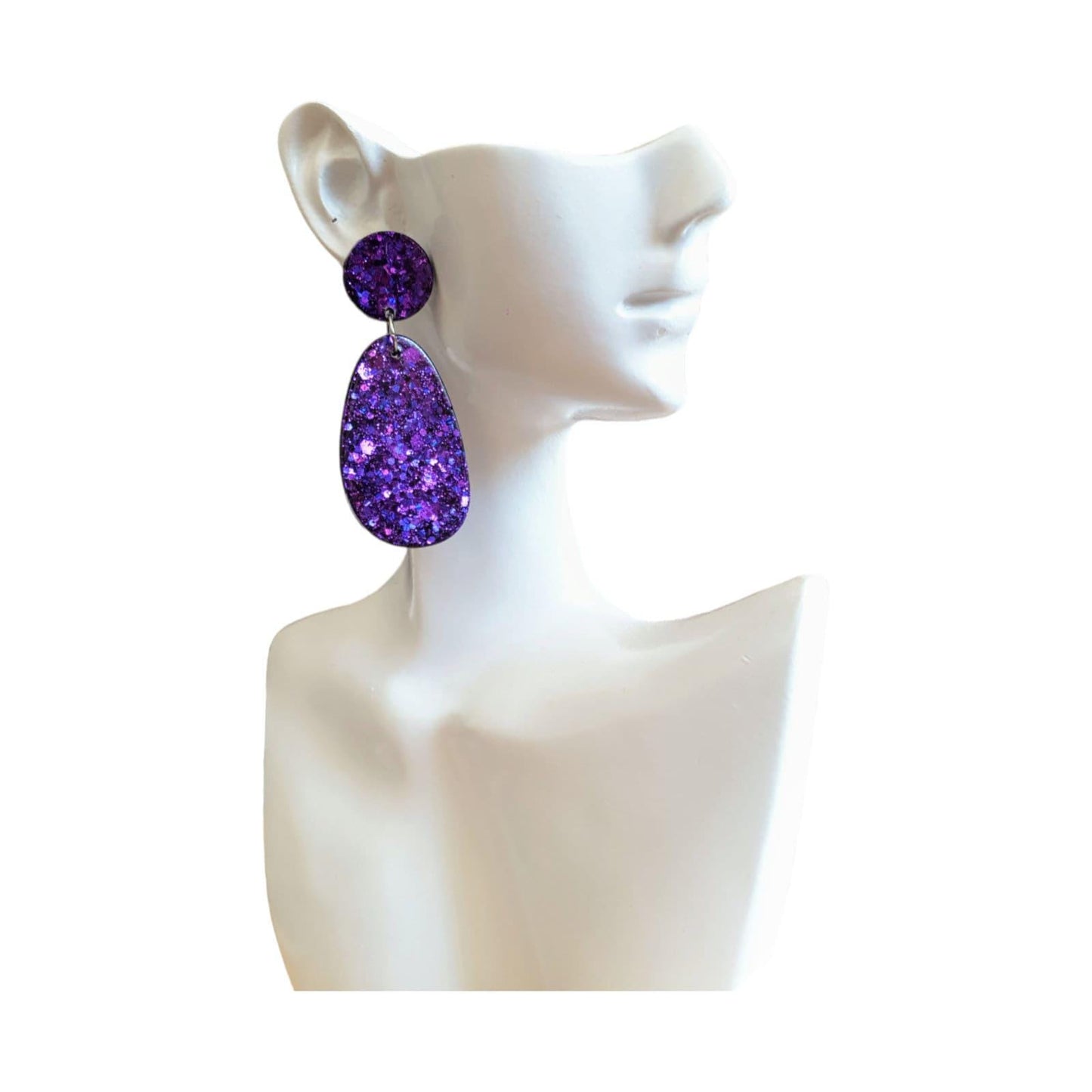 Statement oval organic shape drop earrings, purple mix glitter resin handmade earrings, stainless steel. personalised gift custom colours