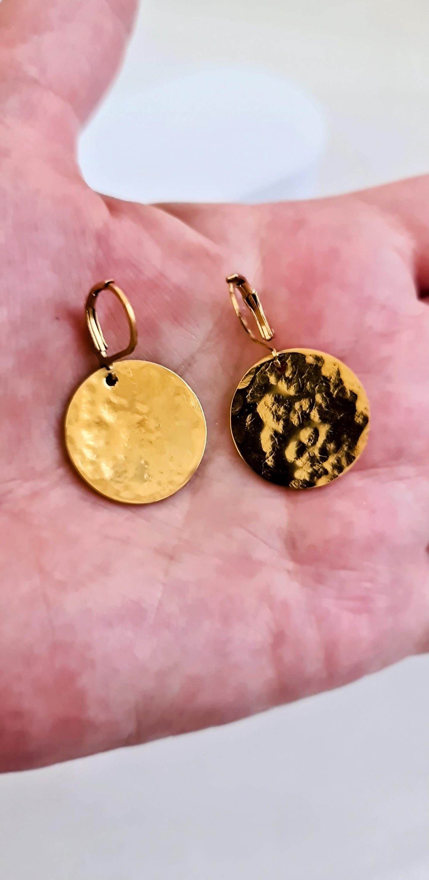 Gold Hammered Circle Disc Large Leverback Earrings, 20mm Coin Disc, Stainless Steel Dangle Leverback, Hoops or Hooks, Can be Personalised