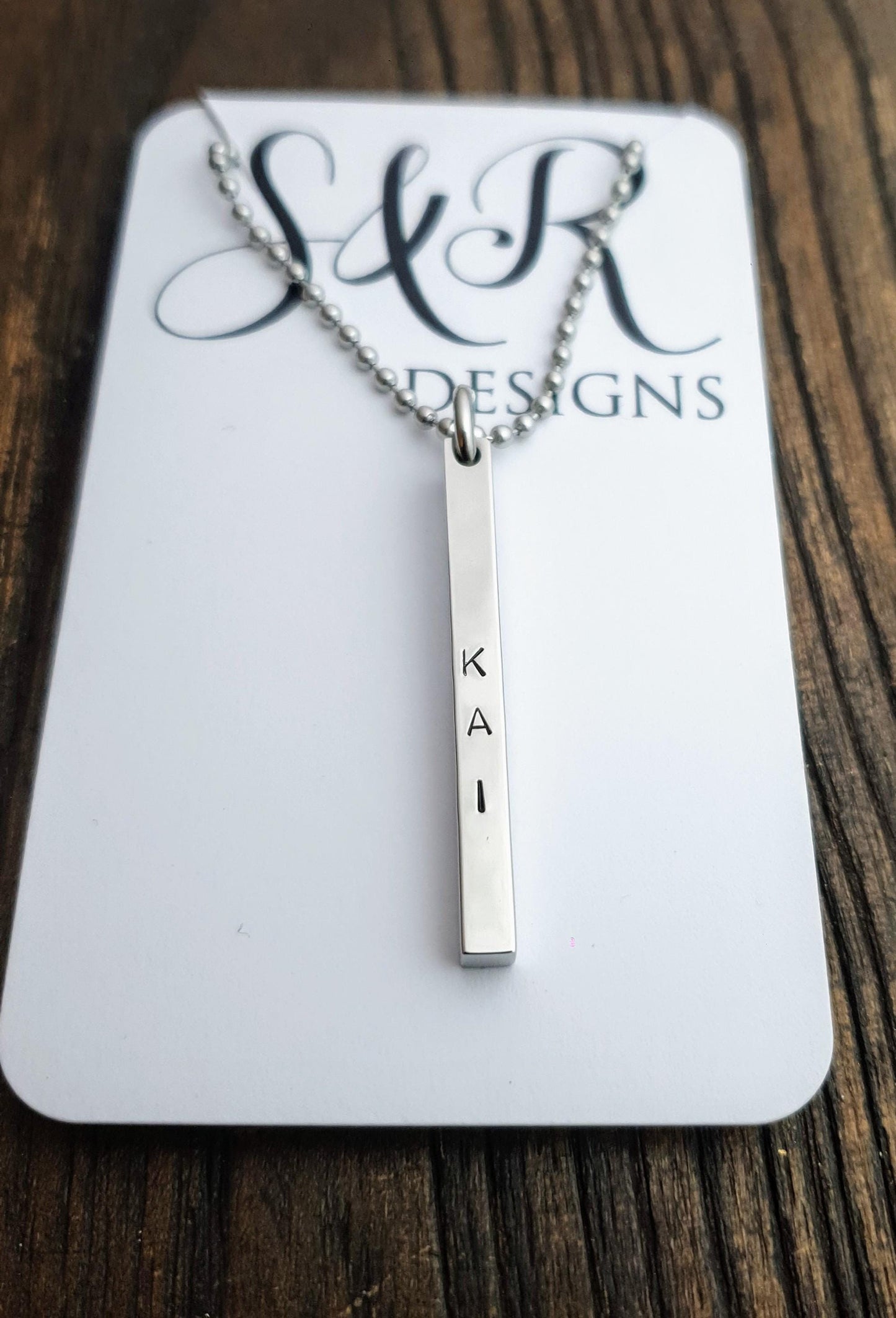 Personalised Bar Necklace, Name Hand Stamped Necklace Bar, Stainless Steel, 4 Sided Bar Pendant Necklace. Gift for Him or Her