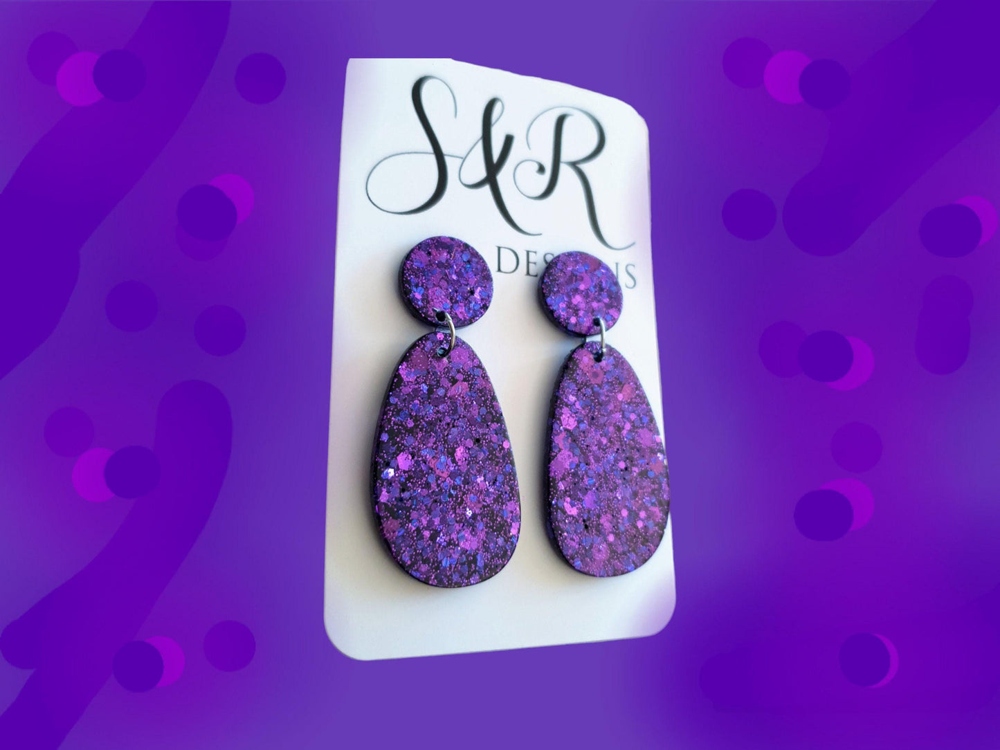 Statement oval organic shape drop earrings, purple mix glitter resin handmade earrings, stainless steel. personalised gift custom colours