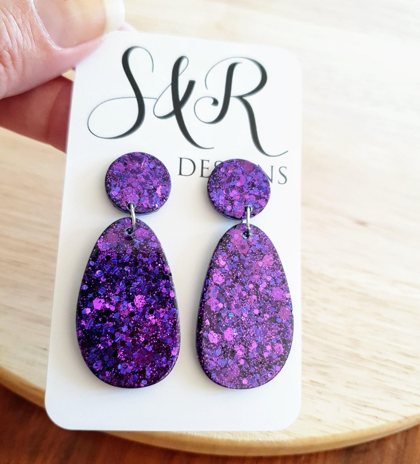 Statement oval organic shape drop earrings, purple mix glitter resin handmade earrings, stainless steel. personalised gift custom colours
