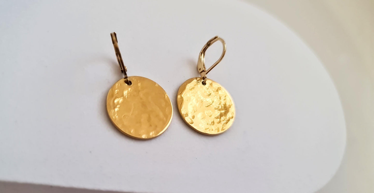 Gold Hammered Circle Disc Large Leverback Earrings, 20mm Coin Disc, Stainless Steel Dangle Leverback, Hoops or Hooks, Can be Personalised