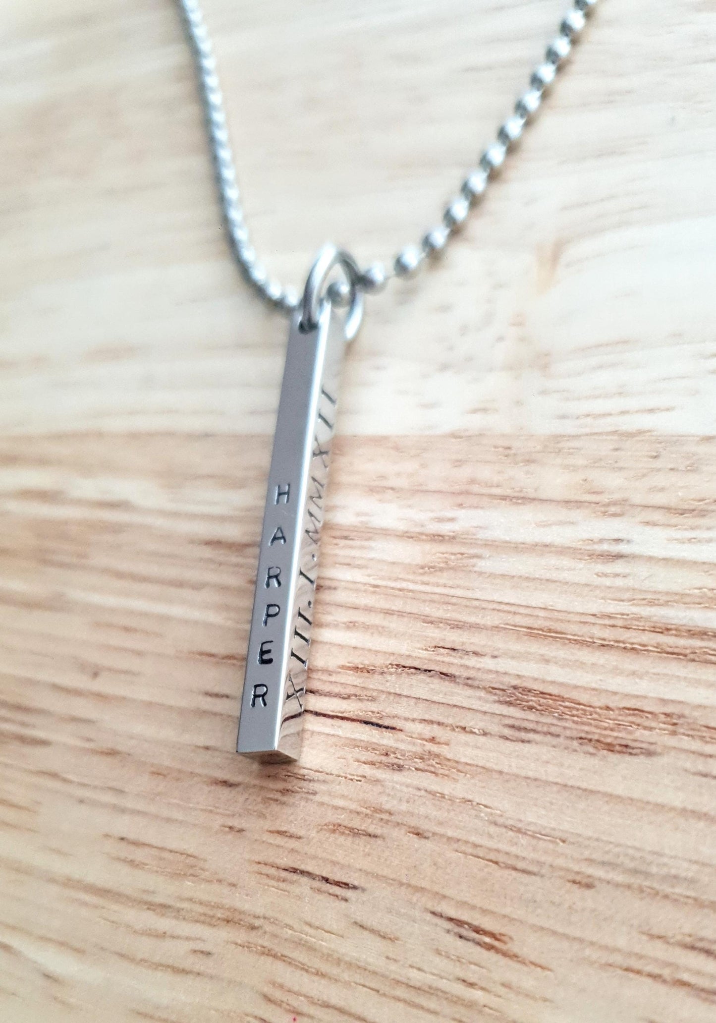 Personalised Bar Necklace, Name Hand Stamped Necklace Bar, Stainless Steel, 4 Sided Bar Pendant Necklace. Gift for Him or Her