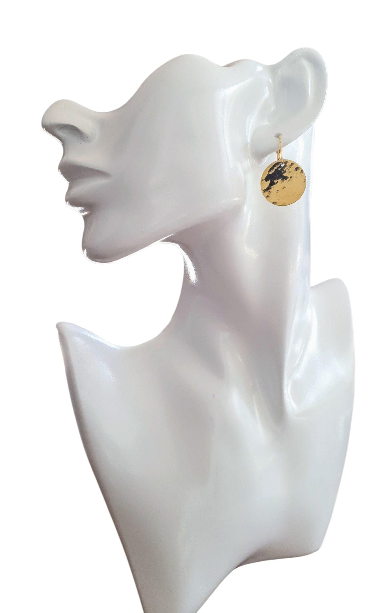 Gold Hammered Circle Disc Large Leverback Earrings, 20mm Coin Disc, Stainless Steel Dangle Leverback, Hoops or Hooks, Can be Personalised